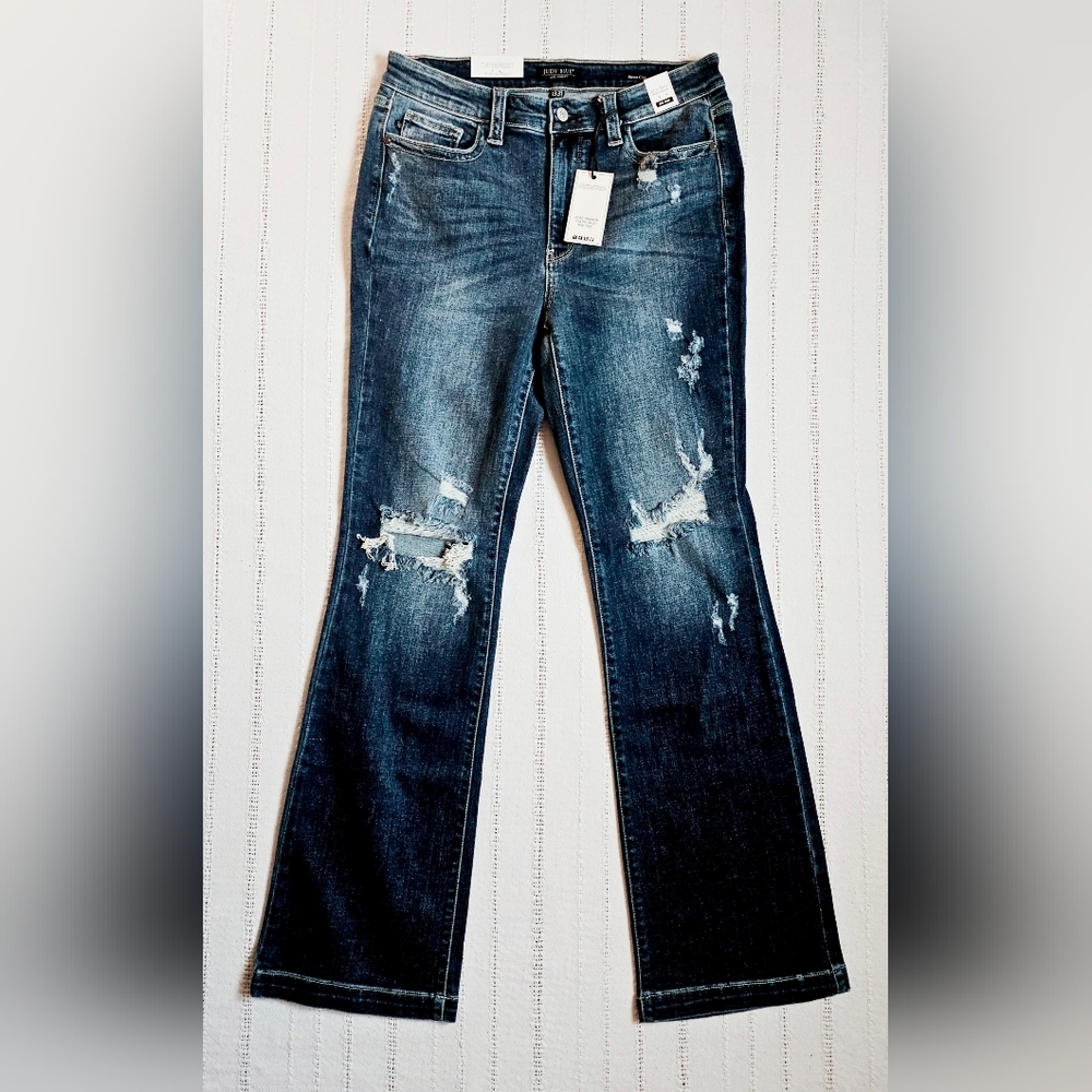 Judy Blue Mid Rise Dark Wash Hand Sand Distressed Bootcut Denim Jeans 13/31 NEW - Picture 8 of 16
